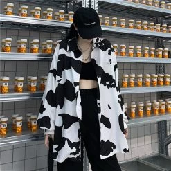 Korean Style Milky Cow Print Blouse -Kawaii Fashion Shop Deeptown Cow Print Women Blouses Korean Style Fashion Spring 2021 Button Up Shirt Loose Long Sleeve 5