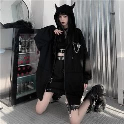 Gothic Black Devil Horn Hoodie -Kawaii Fashion Shop Deeptown Emo Zip Up Hoodie Women Harajuku Punk Gothic Sweatshirt Black Devil Horn Zipper Coat Oversized 2