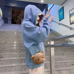 Kawaii Shark Hoodies -Kawaii Fashion Shop Deeptown Funny Shark Patchwork Hoodies Women Autumn Kawaii Sweatshirt Oversized 2021 Casual Long Sleeve Pullover School 2