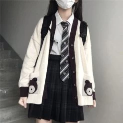 Kawaii Bear Print Cardigan Sweater -Kawaii Fashion Shop Deeptown Japanese Style Bear Print Cardigan Sweater Women JK V neck Oversized Knitted Jumper Female Preppy 2
