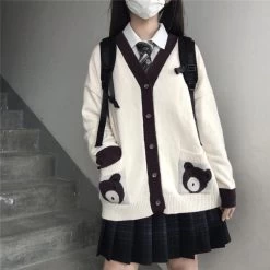Kawaii Bear Print Cardigan Sweater -Kawaii Fashion Shop Deeptown Japanese Style Bear Print Cardigan Sweater Women JK V neck Oversized Knitted Jumper Female Preppy 4