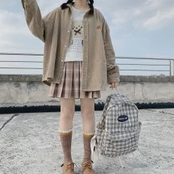 Kawaii Bear Corduroy Shirt -Kawaii Fashion Shop Deeptown Kawaii Bear Corduroy Shirt Women Asian Style Cute Graphic Cardigan Embroidery Blouse Fall 2021 Button 2