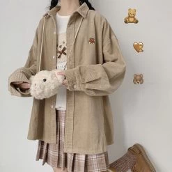Kawaii Bear Corduroy Shirt -Kawaii Fashion Shop Deeptown Kawaii Bear Corduroy Shirt Women Asian Style Cute Graphic Cardigan Embroidery Blouse Fall 2021 Button 3