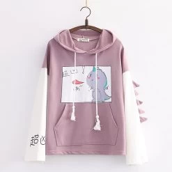 Adorable Cartoon Dinosaur Heart Hoodie -Kawaii Fashion Shop Dinosaur Print Hooded Sweatshirt With Horn For Women 2020 Autumn Long Sleeve Harakuju Hoodies Sweet Style 2