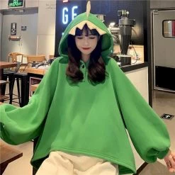 Green Dinosaur 3d Back Fins Oversize Hoodie -Kawaii Fashion Shop Dinosaur Sweatshirt Women Hoodies 2022 Loose Korean Sculpture Girlfriends Autumn Winter Sisters Outfit Plus Fleece Hooded 3