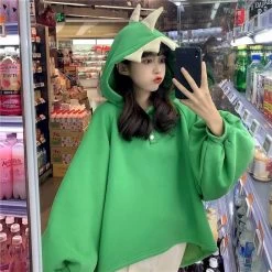 Green Dinosaur 3d Back Fins Oversize Hoodie -Kawaii Fashion Shop Dinosaur Sweatshirt Women Hoodies 2022 Loose Korean Sculpture Girlfriends Autumn Winter Sisters Outfit Plus Fleece Hooded 5