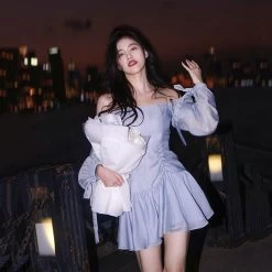 Sexy Solid Simple Mini Dress -Kawaii Fashion Shop Dress Women Sexy Tender Ladies Solid Simple Shirring New Fashion Mini Vintage Autumn Elegant Off The 2