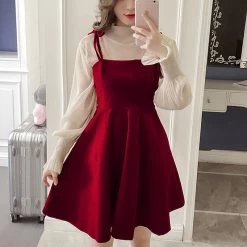 Vintage Black Swan Velet Slip Dresses 11 Vintage Black Swan Velet Slip Dresses -Kawaii Fashion Shop Elegant Velvet Dress Women Autumn Winter Korean A Line Tops and Black Sundress Streetwear Two Piece 3