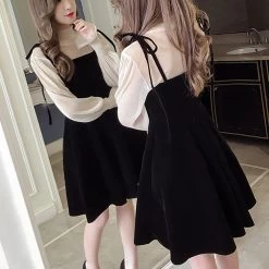 Vintage Black Swan Velet Slip Dresses 12 Vintage Black Swan Velet Slip Dresses -Kawaii Fashion Shop Elegant Velvet Dress Women Autumn Winter Korean A Line Tops and Black Sundress Streetwear Two Piece 4