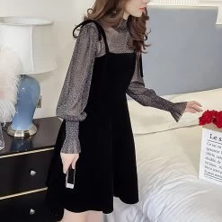 Vintage Black Swan Velet Slip Dresses 13 Vintage Black Swan Velet Slip Dresses -Kawaii Fashion Shop Elegant Velvet Dress Women Autumn Winter Korean A Line Tops and Black Sundress Streetwear Two Piece 5
