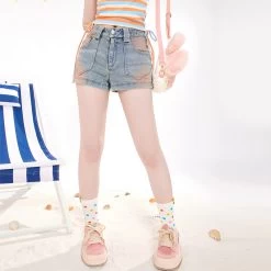 Energetic Girl Style Light Blue Denim Shorts -Kawaii Fashion Shop Energetic Girl Style Light Blue Denim Shorts 4