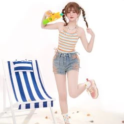 Energetic Girl Style Light Blue Denim Shorts -Kawaii Fashion Shop Energetic Girl Style Light Blue Denim Shorts 5