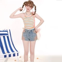 Energetic Girl Style Light Blue Denim Shorts -Kawaii Fashion Shop Energetic Girl Style Light Blue Denim Shorts 6
