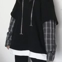 Korean Fashion Pure Color Sweaters Splicing Plaid Hoodies -Kawaii Fashion Shop Fake Two Piece Hoodie Women Harajuku Plaid Sweatshirts Japan Kawaii Hoodie Casual Pullovers Tops Gray Oversize 2