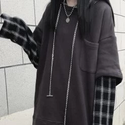 Korean Fashion Pure Color Sweaters Splicing Plaid Hoodies -Kawaii Fashion Shop Fake Two Piece Hoodie Women Harajuku Plaid Sweatshirts Japan Kawaii Hoodie Casual Pullovers Tops Gray Oversize 3