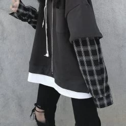 Korean Fashion Pure Color Sweaters Splicing Plaid Hoodies -Kawaii Fashion Shop Fake Two Piece Hoodie Women Harajuku Plaid Sweatshirts Japan Kawaii Hoodie Casual Pullovers Tops Gray Oversize 4
