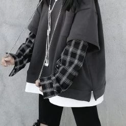 Korean Fashion Pure Color Sweaters Splicing Plaid Hoodies -Kawaii Fashion Shop Fake Two Piece Hoodie Women Harajuku Plaid Sweatshirts Japan Kawaii Hoodie Casual Pullovers Tops Gray Oversize 5