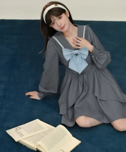 Fall College Style Gray Irregular Dress -Kawaii Fashion Shop Fall College Style Gray Irregular Dress 3