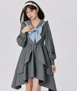 Fall College Style Gray Irregular Dress -Kawaii Fashion Shop Fall College Style Gray Irregular Dress 4
