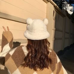 Fluffy Teddy Ears Bucket Hat -Kawaii Fashion Shop Fashion Autumn Winter Leopard Fur Bucket Hat Bear Ear Ball Plush Fisherman Hat Soft Warm Thick 3