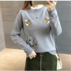 Little Bee Embroidery Sweater 10 Little Bee Embroidery Sweater -Kawaii Fashion Shop Fashion New 2020 Autumn Women Sweater Pullover Winter Tops Korean Embroidery Little Bee Loose Warm Knitwear 2