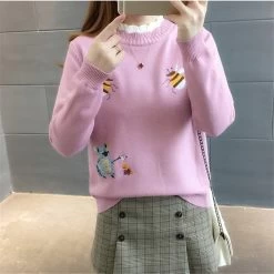 Little Bee Embroidery Sweater 11 Little Bee Embroidery Sweater -Kawaii Fashion Shop Fashion New 2020 Autumn Women Sweater Pullover Winter Tops Korean Embroidery Little Bee Loose Warm Knitwear 3