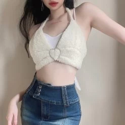 Kawaii Halter Camisole Corset Top -Kawaii Fashion Shop Fashion Shaggy Faux Fur Halter Neck Crop Top Bra Backless Lace Up Sexy Tops Female Summer 2