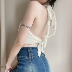 Kawaii Halter Camisole Corset Top -Kawaii Fashion Shop Fashion Shaggy Faux Fur Halter Neck Crop Top Bra Backless Lace Up Sexy Tops Female Summer 4