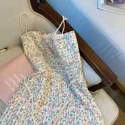 Kawaii Sweet Floral Dress 10 Kawaii Sweet Floral Dress -Kawaii Fashion Shop Fashion Summer Chic Skinny Lady Cute Floral Mini Short Dress Street Casual Strap Pleated A Line 3