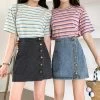 Kawaii A-Line Denim Mini Skirt 1 Kawaii A-Line Denim Mini Skirt -Kawaii Fashion Shop Fashion Women High Waist Side Button up A Line Pockets Jean Denim Mini Skirt A Line
