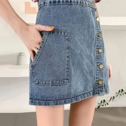 Kawaii A-Line Denim Mini Skirt -Kawaii Fashion Shop Fashion Women High Waist Side Button up A Line Pockets Jean Denim Mini Skirt A Line 2