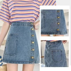 Kawaii A-Line Denim Mini Skirt -Kawaii Fashion Shop Fashion Women High Waist Side Button up A Line Pockets Jean Denim Mini Skirt A Line 3