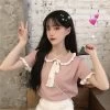 Harajuku Peter Pan Collar Shirt -Kawaii Fashion Shop Female 2021 Summer Clothes Loose Elastic Knitted Pullover Peter Pan Collar Korean Bow Lace up Short