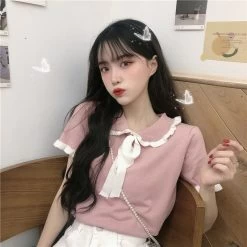 Harajuku Peter Pan Collar Shirt 11 Harajuku Peter Pan Collar Shirt -Kawaii Fashion Shop Female 2021 Summer Clothes Loose Elastic Knitted Pullover Peter Pan Collar Korean Bow Lace up Short 4