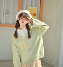 Kawaii Cute Floral Embroidery Fake Two Piece Sweater Suit -Kawaii Fashion Shop Floral Embroidery Oversize Sweater 2