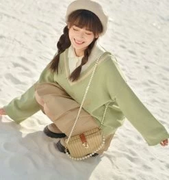 Kawaii Cute Floral Embroidery Fake Two Piece Sweater Suit -Kawaii Fashion Shop Floral Embroidery Oversize Sweater 3