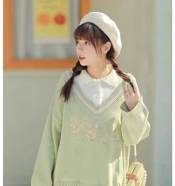 Kawaii Cute Floral Embroidery Fake Two Piece Sweater Suit -Kawaii Fashion Shop Floral Embroidery Oversize Sweater 5