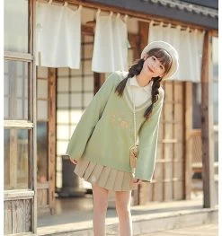 Kawaii Cute Floral Embroidery Fake Two Piece Sweater Suit -Kawaii Fashion Shop Floral Embroidery Oversize Sweater 6