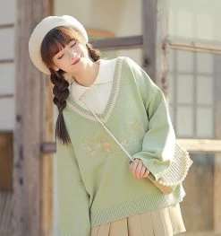 Kawaii Cute Floral Embroidery Fake Two Piece Sweater Suit