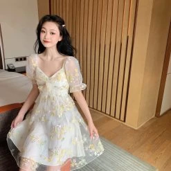 Kawaii French Floral Fairy Dress -Kawaii Fashion Shop French Floral Dress Women Sexy Puff Sleeve Lace Chiffon Print Mini Dress Women Summer Korean Style 3