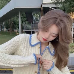 French Short Cardigan Sweaters -Kawaii Fashion Shop French Small Fragrance Short Knitted Cardigan Wearing Lapel Niche Design Sense Simple Fashion Basic Women Long 2