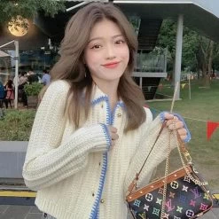 French Short Cardigan Sweaters -Kawaii Fashion Shop French Small Fragrance Short Knitted Cardigan Wearing Lapel Niche Design Sense Simple Fashion Basic Women Long 3