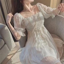 French Puff Sleeve White Summer Dress -Kawaii Fashion Shop French Summer Dress Women White Puff Sleeve Korean Style Fairy Dress Lace Chiffon Japan Style Kawaii 5