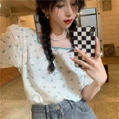 French Sweet Puffer Sleeve Tops 8 French Sweet Puffer Sleeve Tops -Kawaii Fashion Shop French Sweet Puffer Sleeve Tops Women Summer 2021 Design Floral Y2k Tshirt Female Korean Style Elegant 2