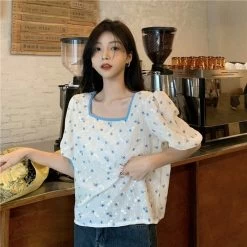 French Sweet Puffer Sleeve Tops 9 French Sweet Puffer Sleeve Tops -Kawaii Fashion Shop French Sweet Puffer Sleeve Tops Women Summer 2021 Design Floral Y2k Tshirt Female Korean Style Elegant 3