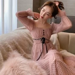 French Vintage Autumn Dot Midi Dress -Kawaii Fashion Shop French Vintage Midi Dress Women Puffer Sleeve Square Collor Office Elegant Dress Female 2021 Autumn Dot 2