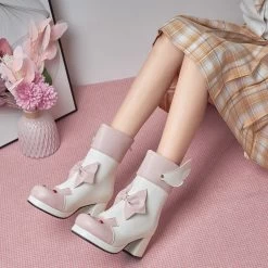 Winged Bunny Booties -Kawaii Fashion Shop GIGIFOX Gothic Style Sweet Bow Tie Wings Chunky Heels Platform Ankle Pink Lolita Cosplay Fashion Winter 3