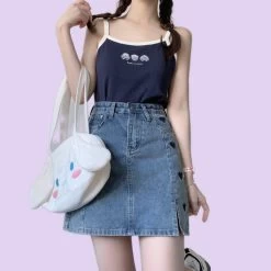 Girls Solid Color Heart Embroidered Denim Skirt -Kawaii Fashion Shop Girls Solid Color Heart Embroidered Denim Skirt 2
