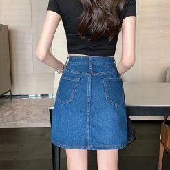 Chic Blue High Waist A-Line Denim Skirt -Kawaii Fashion Shop Girls Summer 2021 New Chic Blue High Waist A Line Cotton Denim Skirt Female Elastic Waist 1