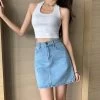 Chic Blue High Waist A-Line Denim Skirt -Kawaii Fashion Shop Girls Summer 2021 New Chic Blue High Waist A Line Cotton Denim Skirt Female Elastic Waist